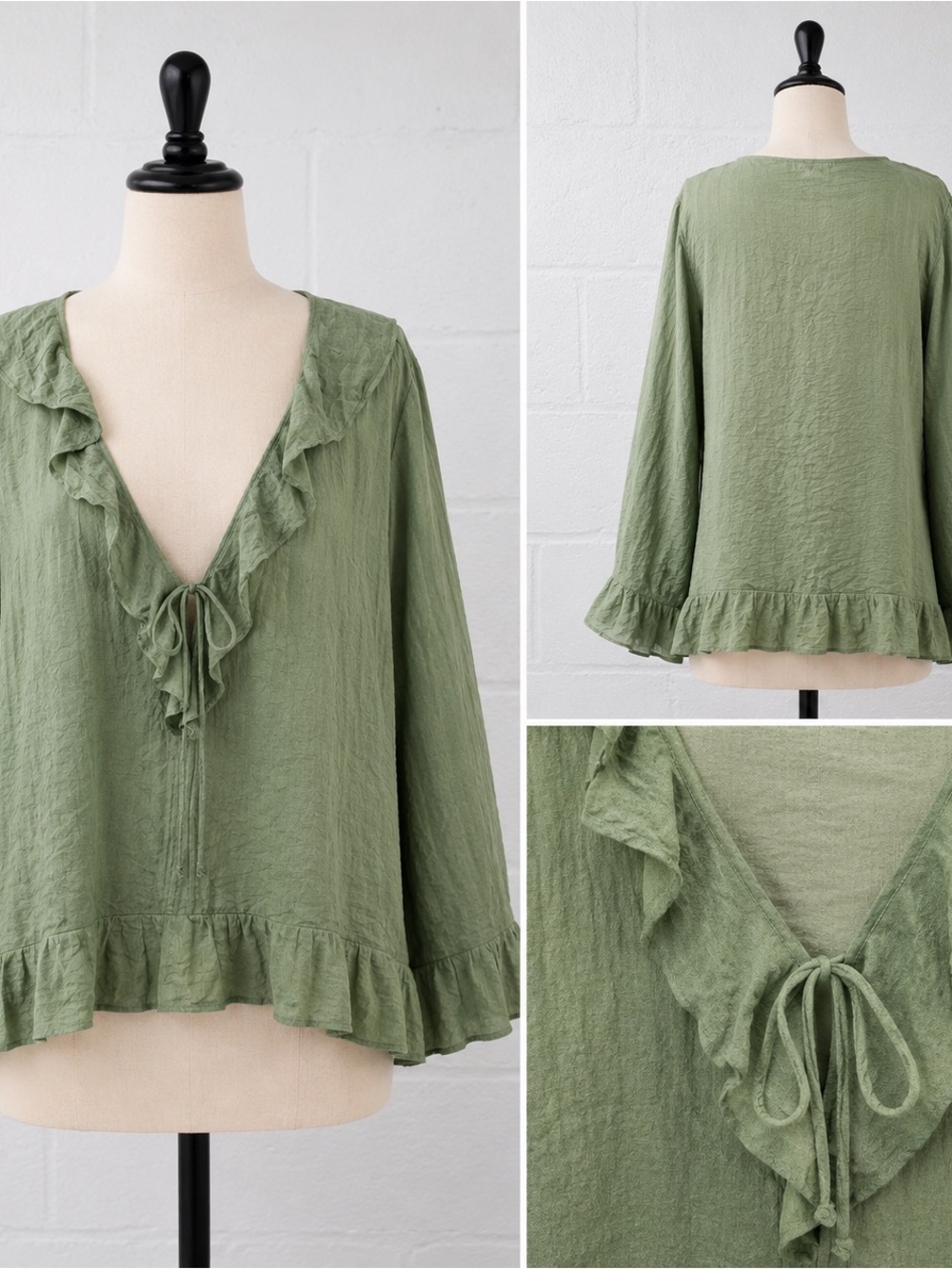 Old Navy 2X Sage Green Ruffle Tie Front Blouse Boho Romantic Women Plus Size